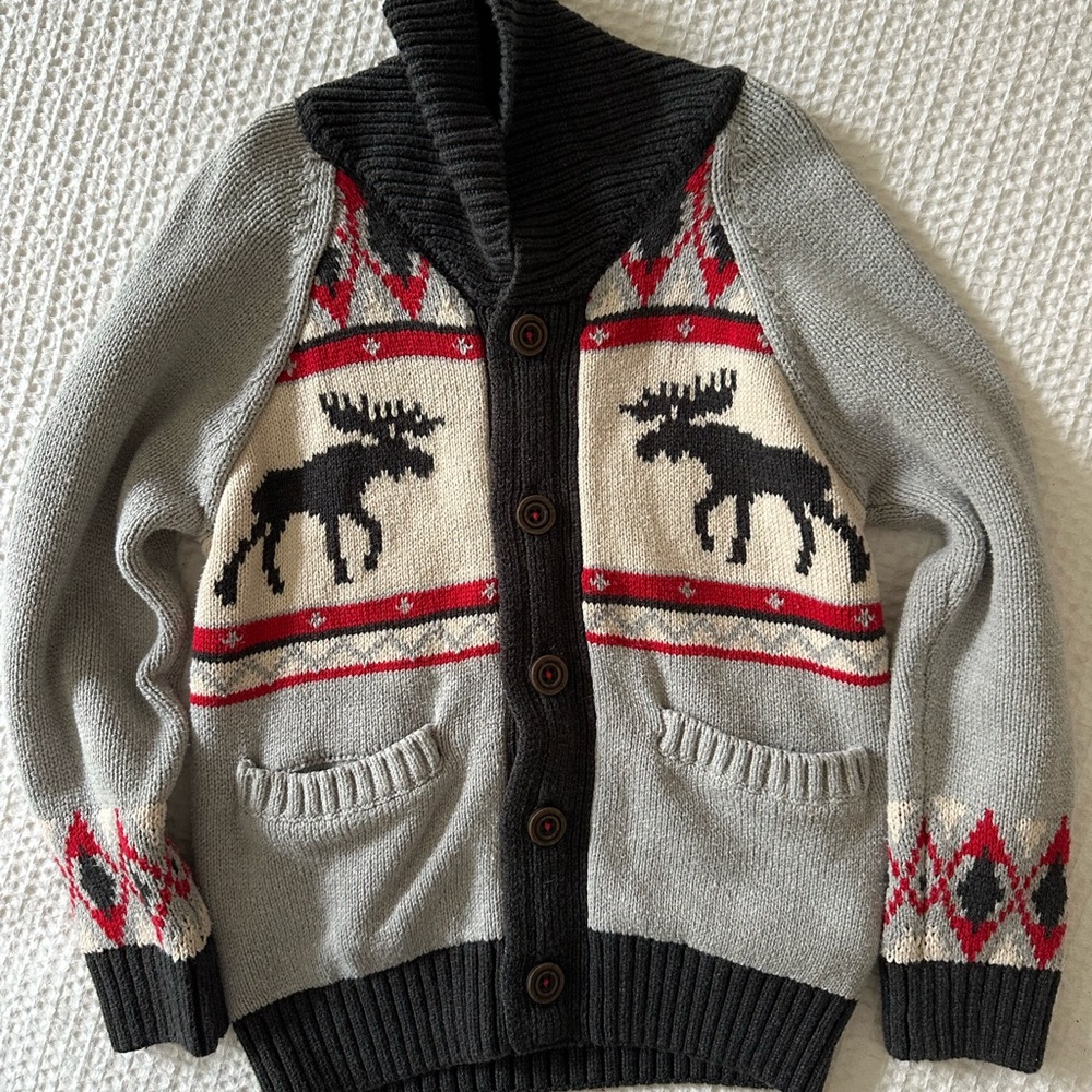 Hatley Gray and Red Moose Cardigan Sweater